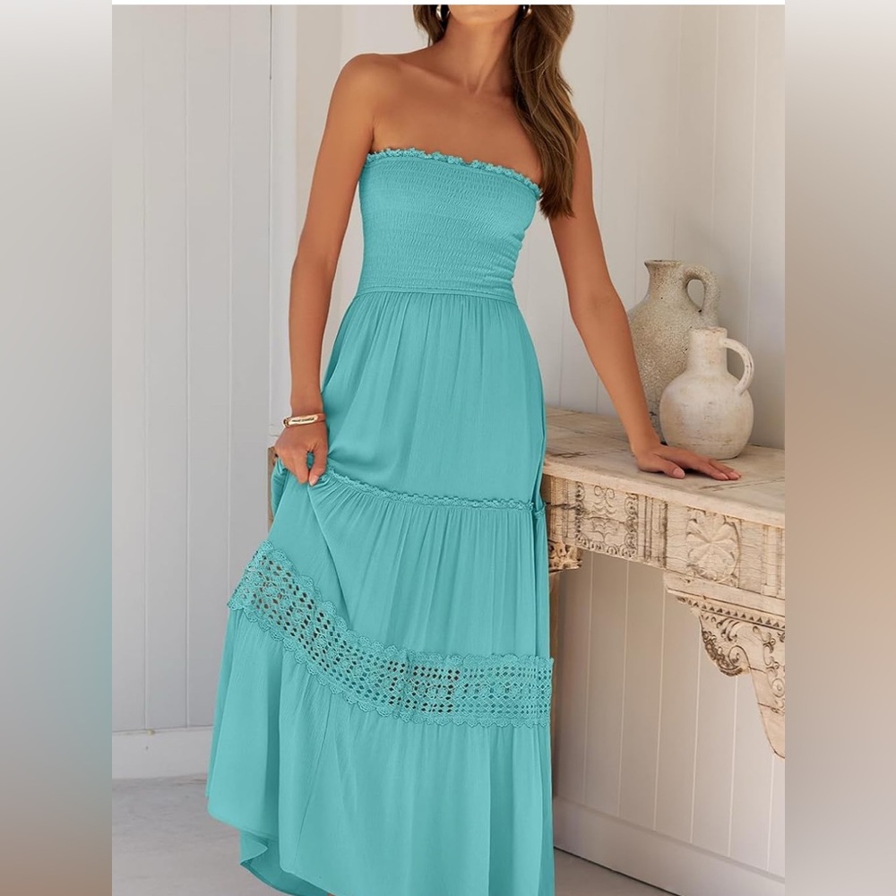 Zesica Aqua Strapless Maxi Dress with Lace Details